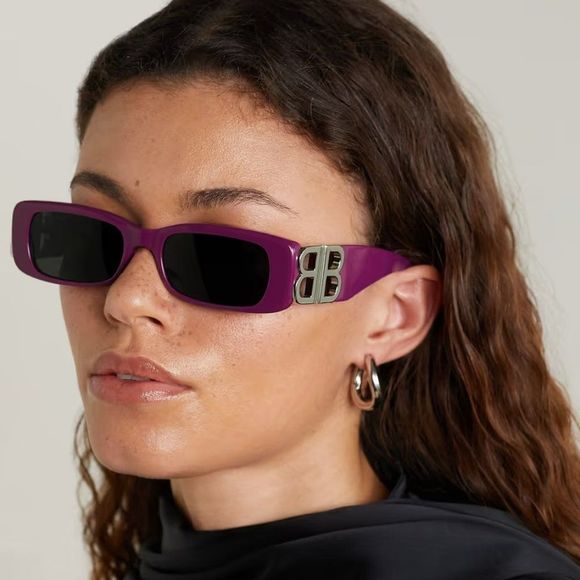 Balenciaga BB0096S 016 Sunglasses Fuchsia Purple Silver Logo Rectangle Unisex - Picture 5 of 15